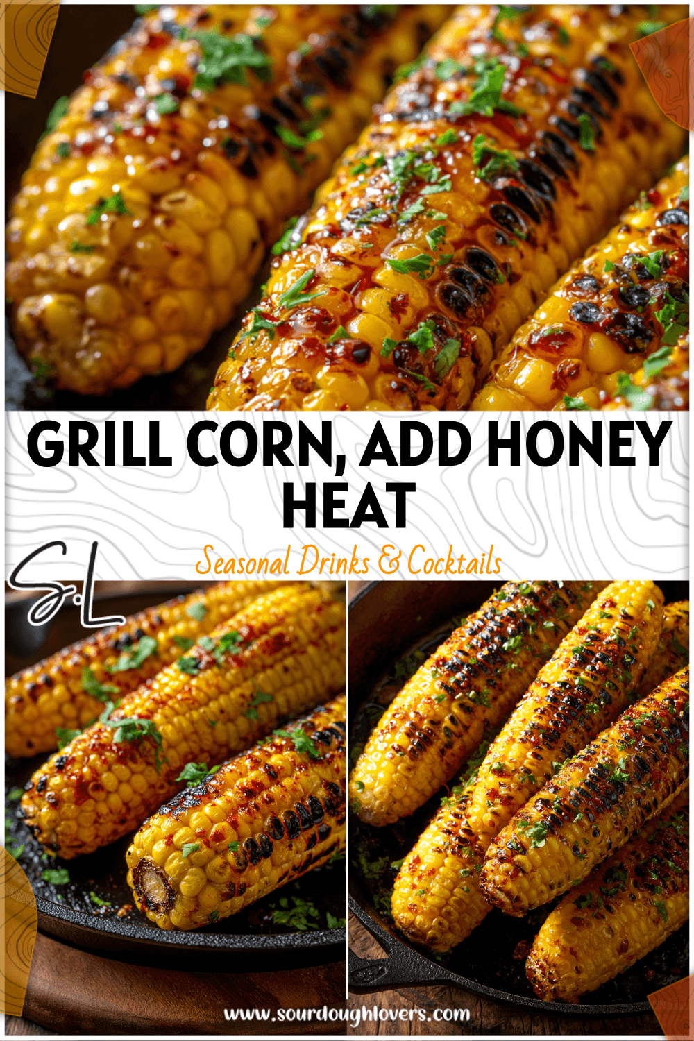 Grilled corn on a skillet topped with chili honey butter for a Hot Honey Corn flavor.